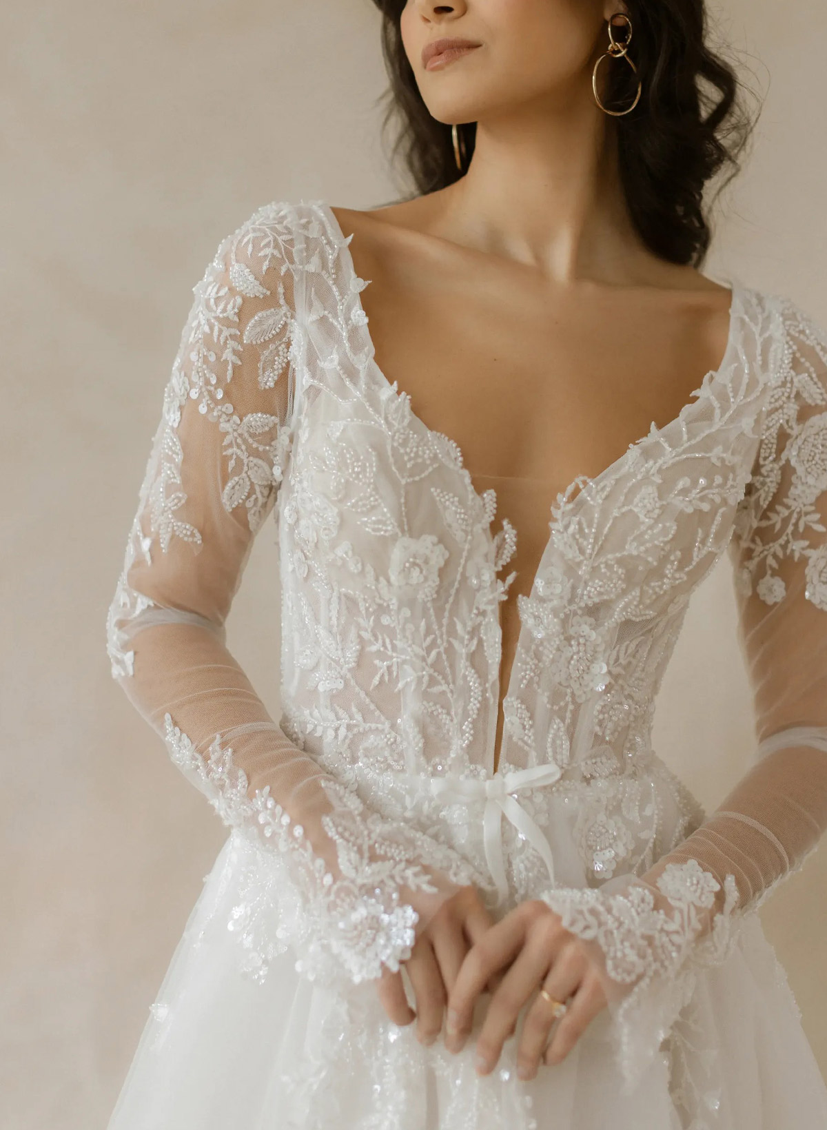 Ball-Gown Plunge Neck Long Sleeves Sweep Train Lace/Organza Wedding Dress With Beading