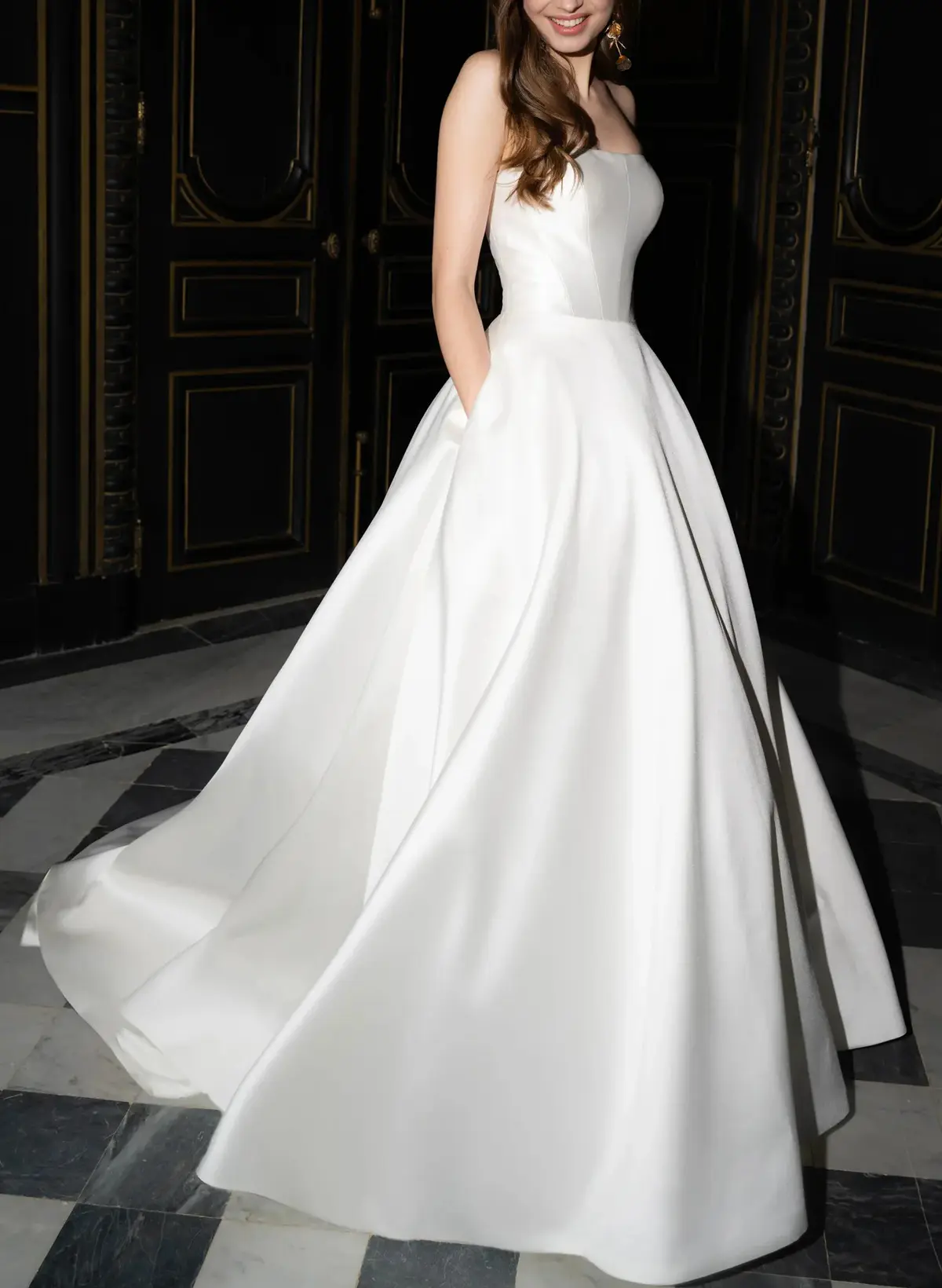 satin ball gown wedding dress uk Satin Wedding Dress Ball Gown Square Neckline Cathedral Train With Sashes