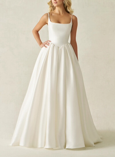 Ball-Gown Square Neckline Sleeveless Court Train Satin With Pockets Wedding Dress