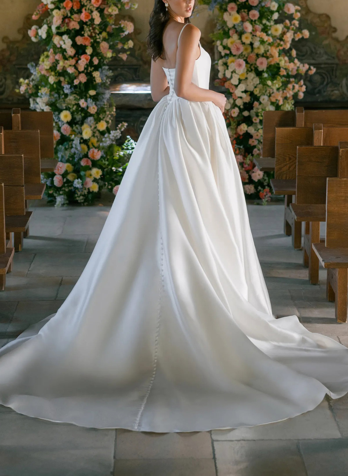 Ball-Gown Square Neckline Sleeveless Court Train Satin With Pockets Wedding Dress