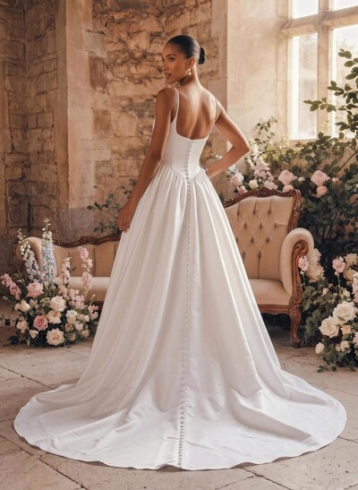 Ball-Gown Square Neckline Sleeveless Court Train Satin With Pockets Wedding Dress