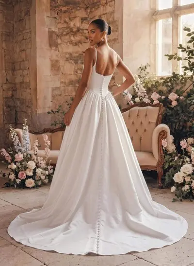 Ball-Gown Square Neckline Sleeveless Court Train Satin With Pockets Wedding Dress