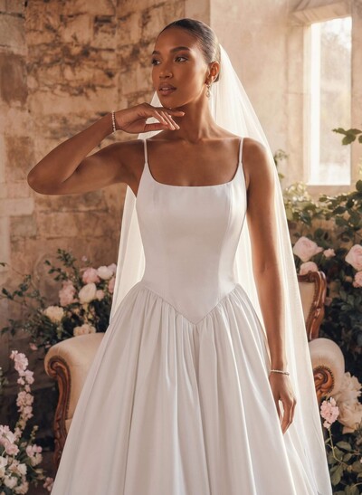 Ball-Gown Square Neckline Sleeveless Court Train Satin With Pockets Wedding Dress