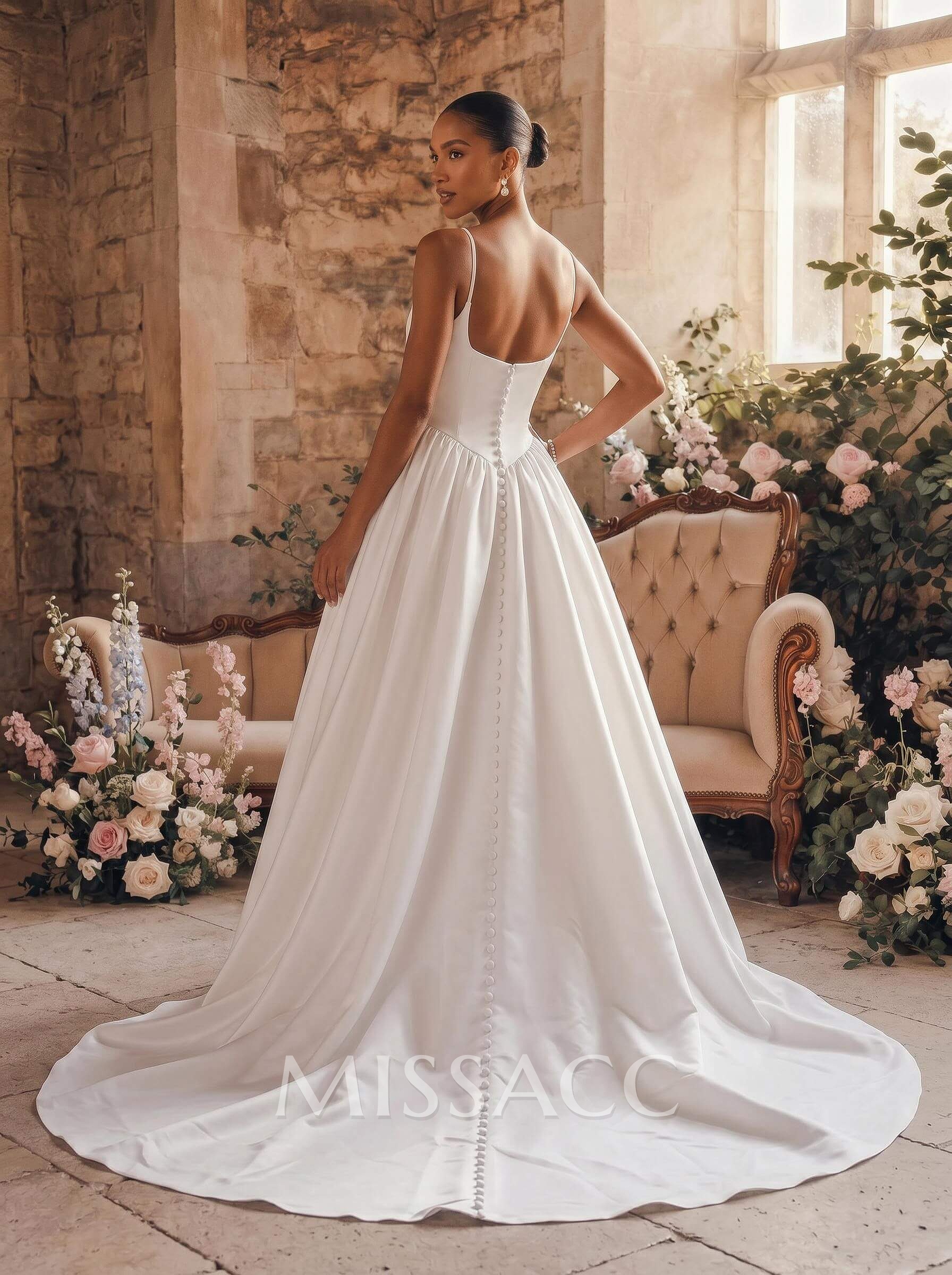 Ball-Gown Square Neckline Sleeveless Court Train Satin With Pockets Wedding Dress