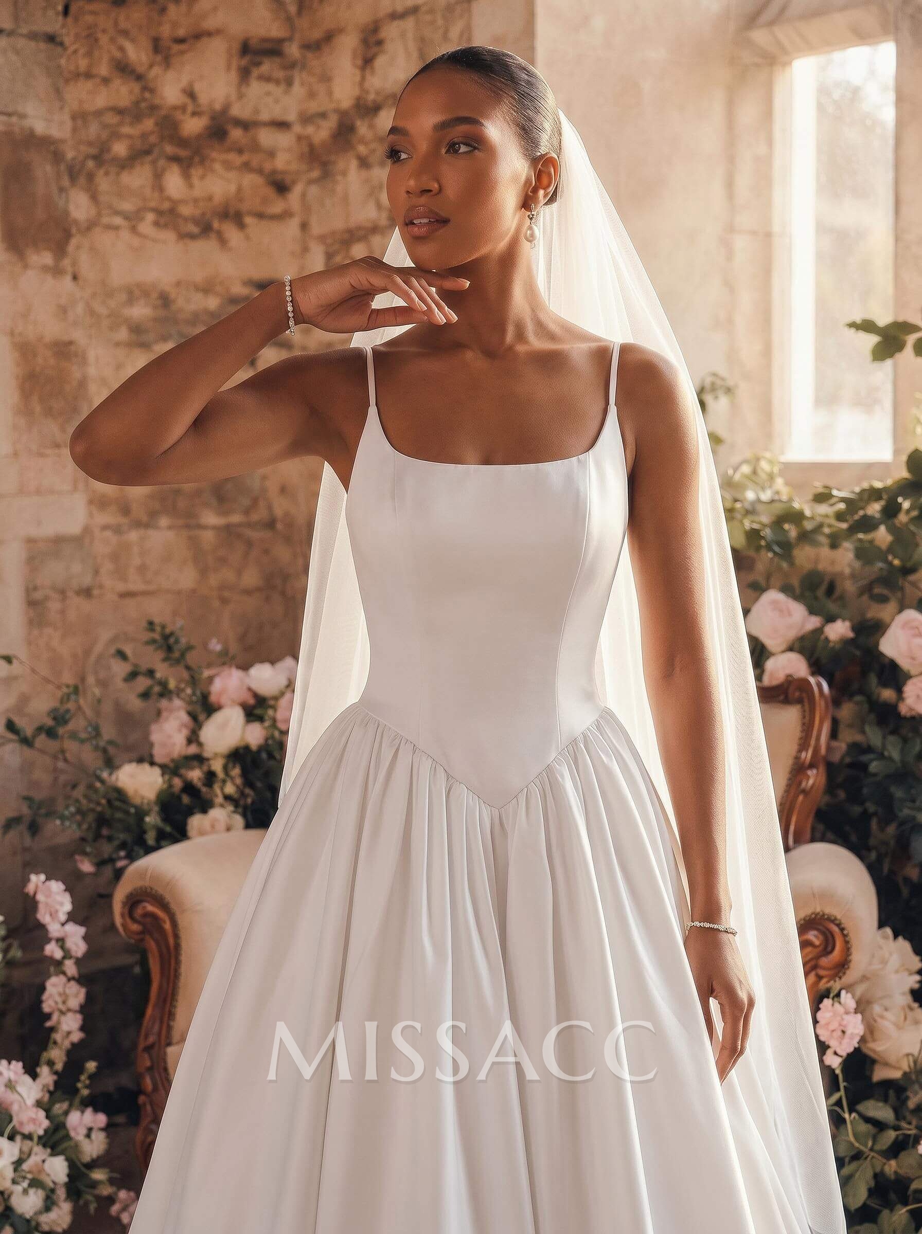Ball-Gown Square Neckline Sleeveless Court Train Satin With Pockets Wedding Dress