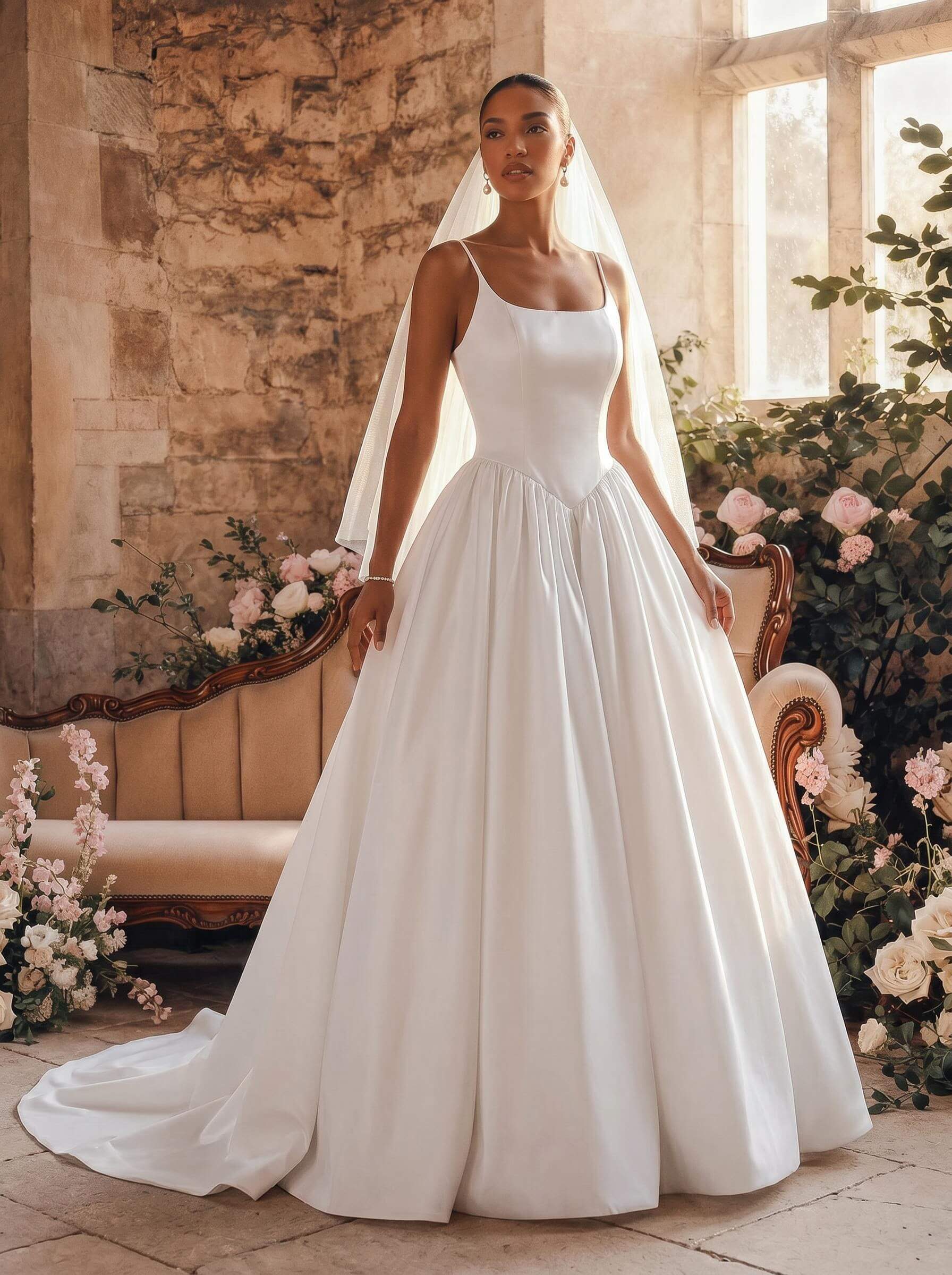 Ball-Gown Square Neckline Sleeveless Court Train Satin With Pockets Wedding Dress