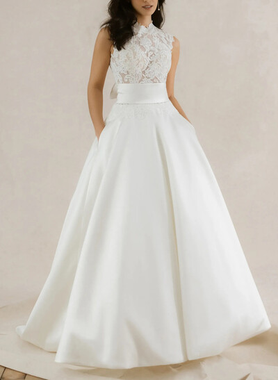 Ball-Gown High Neck Sleeveless Chapel Train Lace With Bow /Pockets Wedding Dress