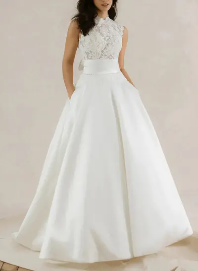 Ball-Gown High Neck Sleeveless Chapel Train Lace With Bow /Pockets Wedding Dress