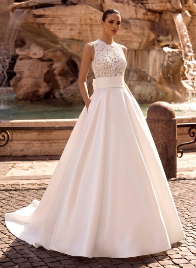 Ball-Gown High Neck Sleeveless Chapel Train Lace With Bow /Pockets Wedding Dress