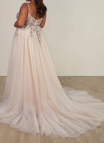 A-Line Square Neckline Sleeveless Sweep Train Lace/Satin Wedding Dresses With Flower(s)