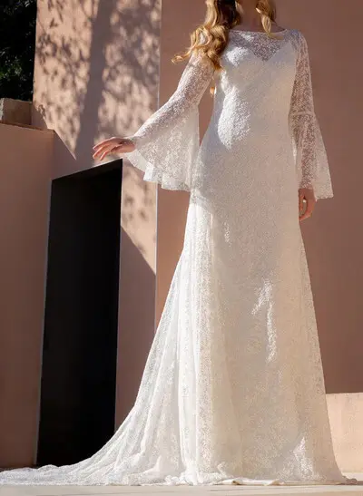 A-Line Illusion Neck Long Sleeves Sweep Train Matte Satin Wedding Dresses With Lace