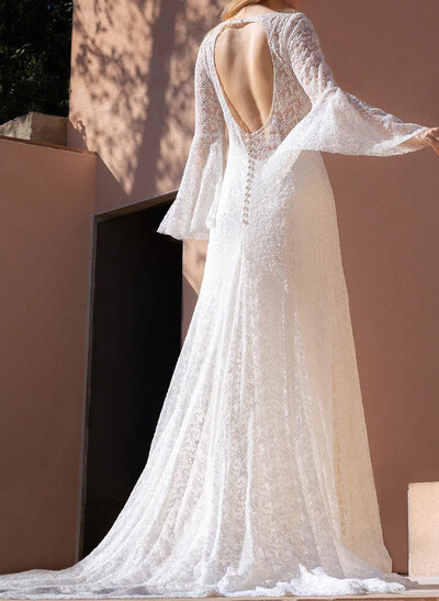 A-Line Illusion Neck Long Sleeves Sweep Train Matte Satin Wedding Dresses With Lace