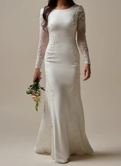 Trumpet/Mermaid Scoop Neck Long Sleeves Sweep Train Elastic Satin Wedding Dresses With Flower(s)