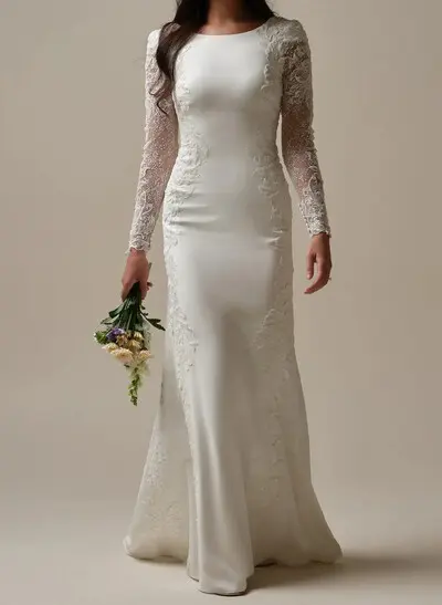 Trumpet/Mermaid Scoop Neck Long Sleeves Sweep Train Elastic Satin Wedding Dresses With Flower(s)