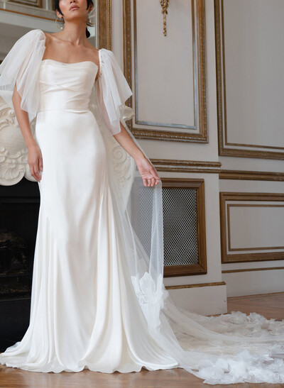 Ball-Gown Off-The-Shoulder Cape Sleeves Chapel Train Crepe Satin Wedding Dress With Flower
