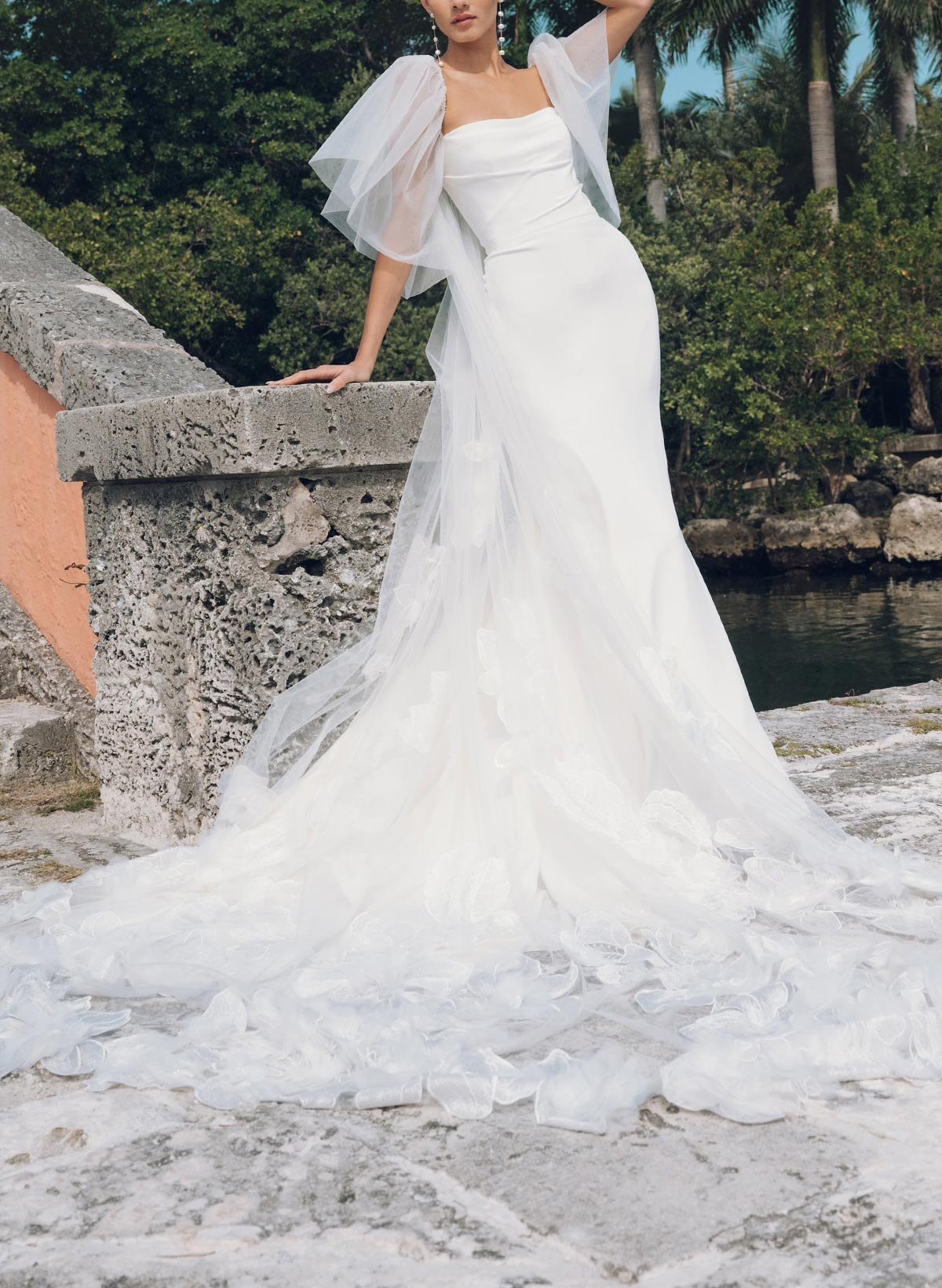 Ball-Gown Off-The-Shoulder Cape Sleeves Chapel Train Crepe Satin Wedding Dress With Flower