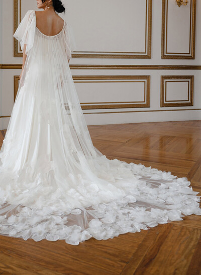 Ball-Gown Off-The-Shoulder Cape Sleeves Chapel Train Crepe Satin Wedding Dress With Flower