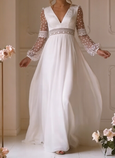 A-Line V-Neck Long Sleeves Floor-Length Chiffon Wedding Dresses With Bow(s)/Lace