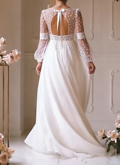 A-Line V-Neck Long Sleeves Floor-Length Chiffon Wedding Dresses With Bow(s)/Lace