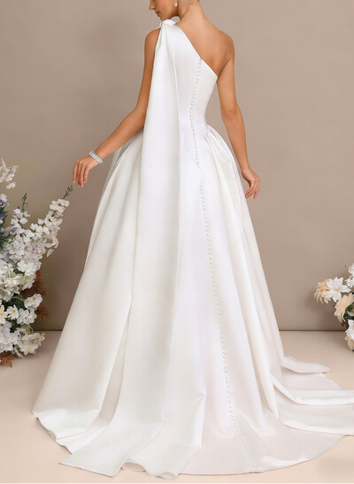 Ball-Gown One-Shoulder Sleeveless Chapel Train Satin Wedding Dress With Bow