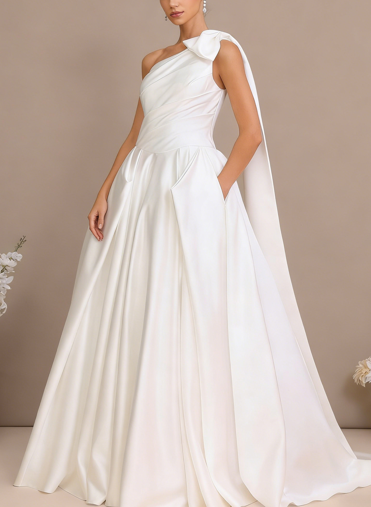 Ball-Gown One-Shoulder Sleeveless Chapel Train Satin Wedding Dress With Bow