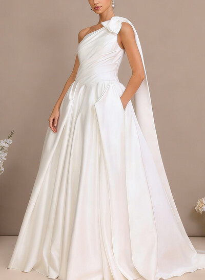 Ball-Gown One-Shoulder Sleeveless Chapel Train Satin Wedding Dress With Bow