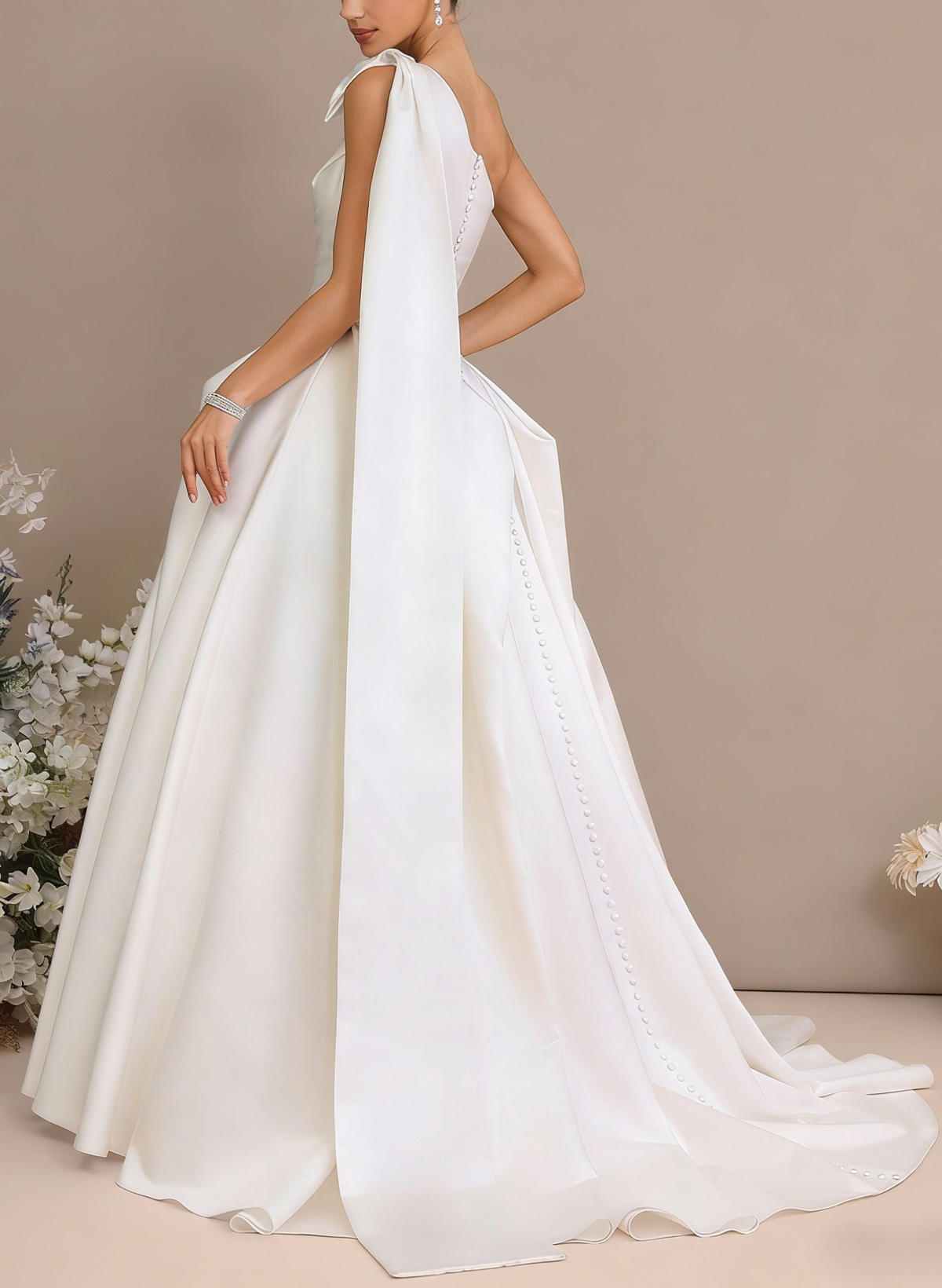 Ball-Gown One-Shoulder Sleeveless Chapel Train Satin Wedding Dress With Bow