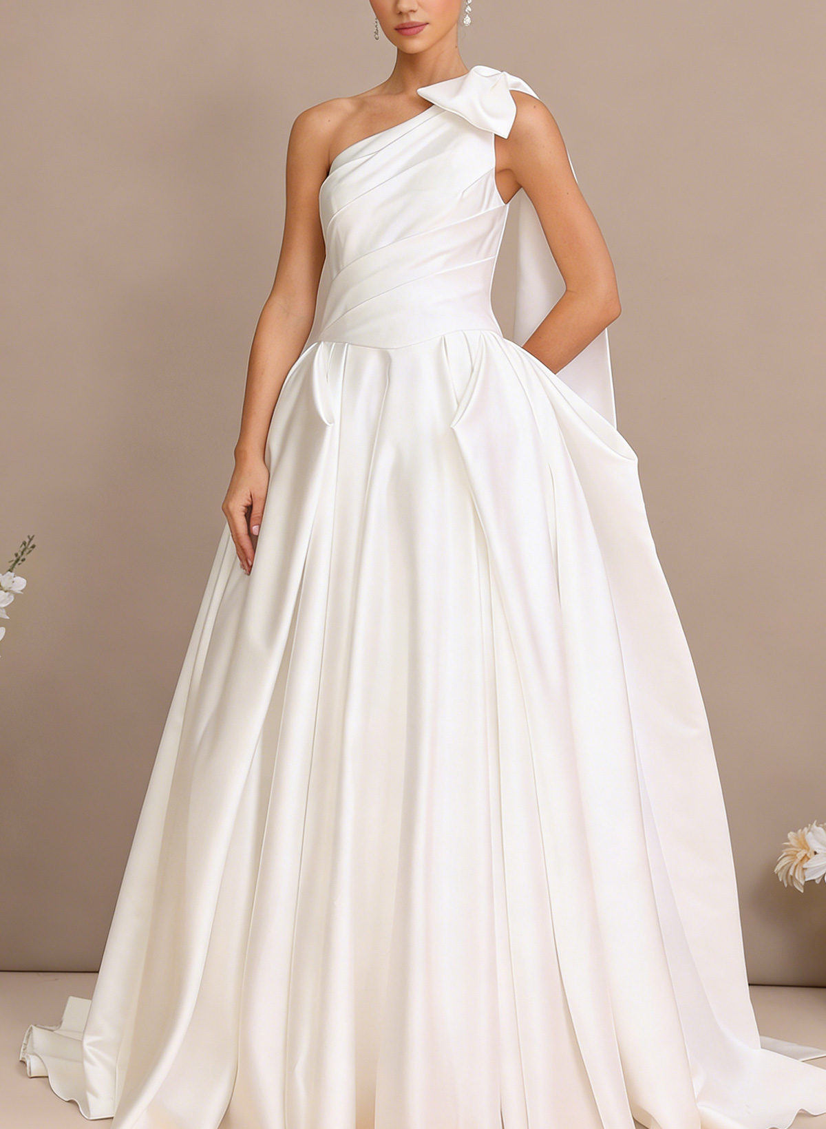 Ball-Gown One-Shoulder Sleeveless Chapel Train Satin Wedding Dress With Bow