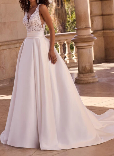 A-Line V-Neck Sleeveless Sweep Train Twill Satin Wedding Dresses With Appliques