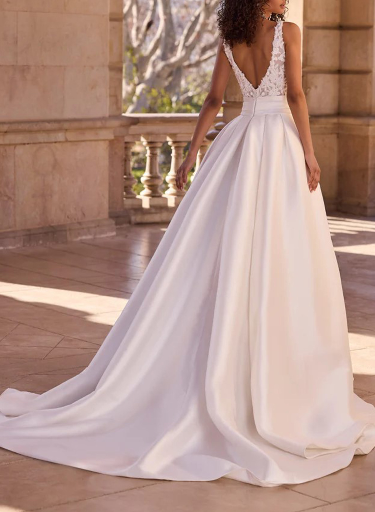 A-Line V-Neck Sleeveless Sweep Train Twill Satin Wedding Dresses With Appliques