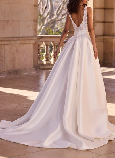 A-Line V-Neck Sleeveless Sweep Train Twill Satin Wedding Dresses With Appliques