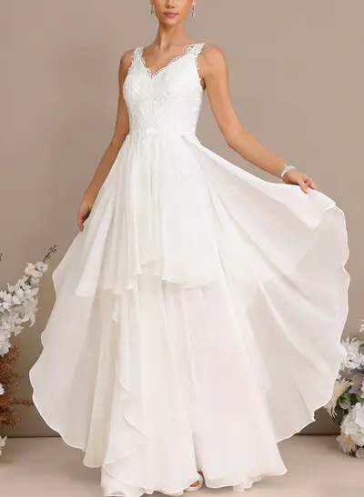 A-Line V-Neck Sleeveless Floor-Length Chiffon/Lace With Lace Wedding Dress