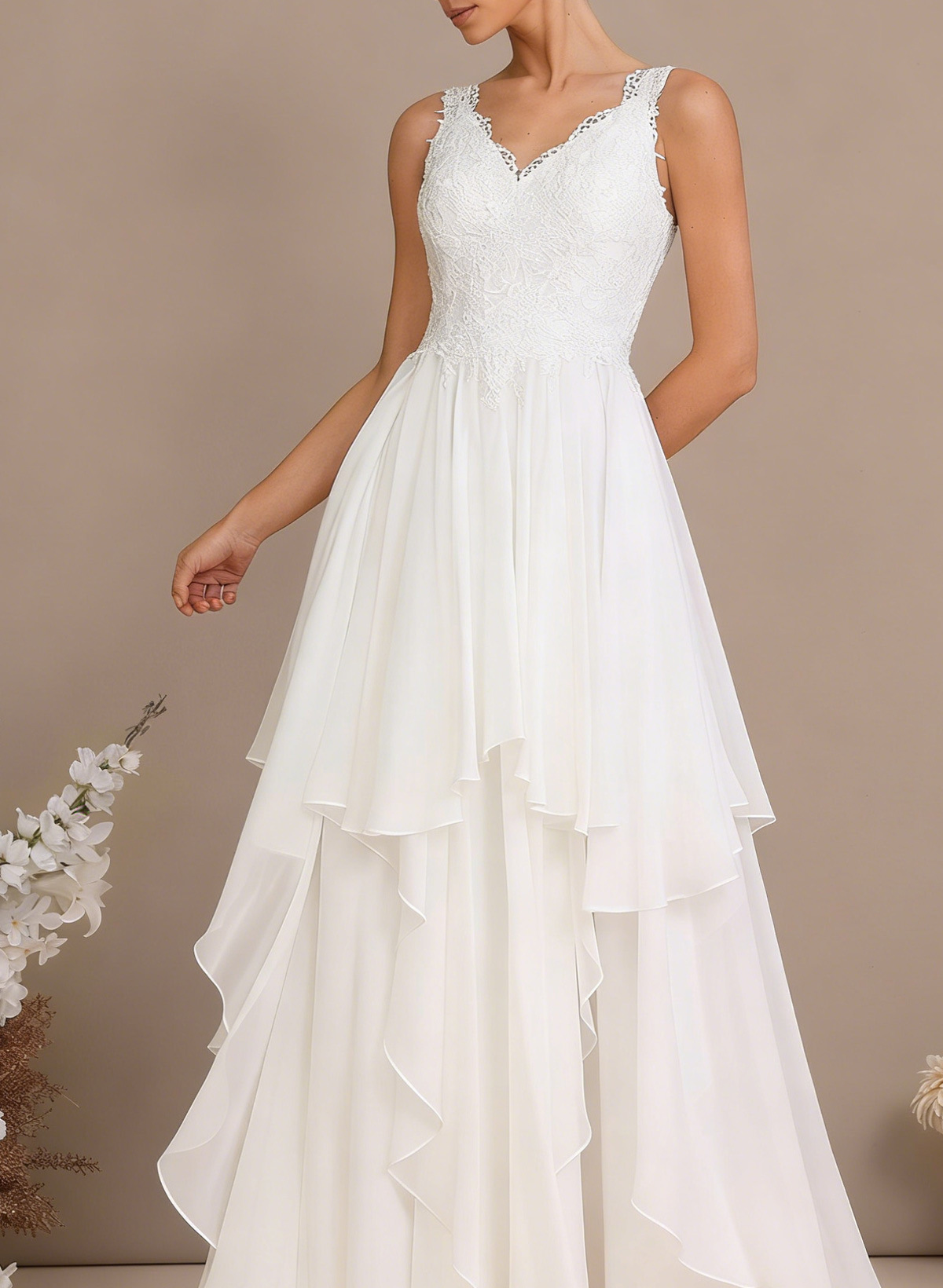 A-Line V-Neck Sleeveless Floor-Length Chiffon/Lace With Lace Wedding Dress