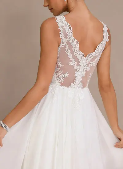 A-Line V-Neck Sleeveless Floor-Length Chiffon/Lace With Lace Wedding Dress