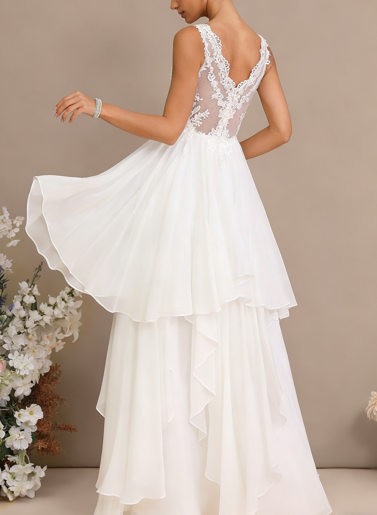 A-Line V-Neck Sleeveless Floor-Length Chiffon/Lace With Lace Wedding Dress