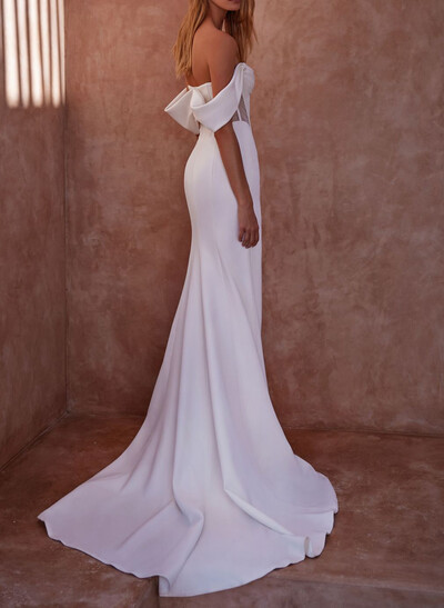 Sheath/Column Off-The-Shoulder Sleeveless Sweep Train Elastic Satin Wedding Dresses With High Split
