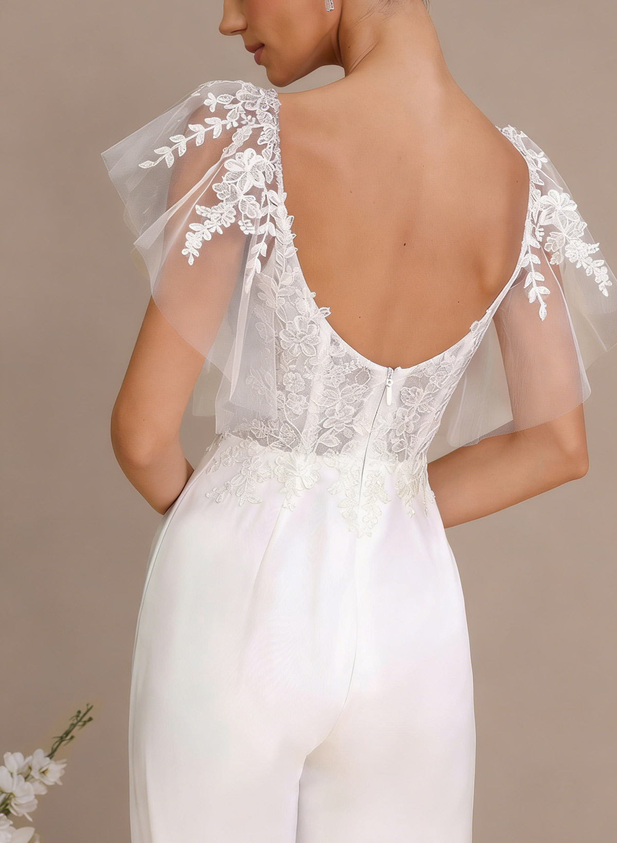 Jumpsuit/Pantsuit Plunge Neck Cape Sleeves Detachable Chiffon Train/Lace Wedding Dress