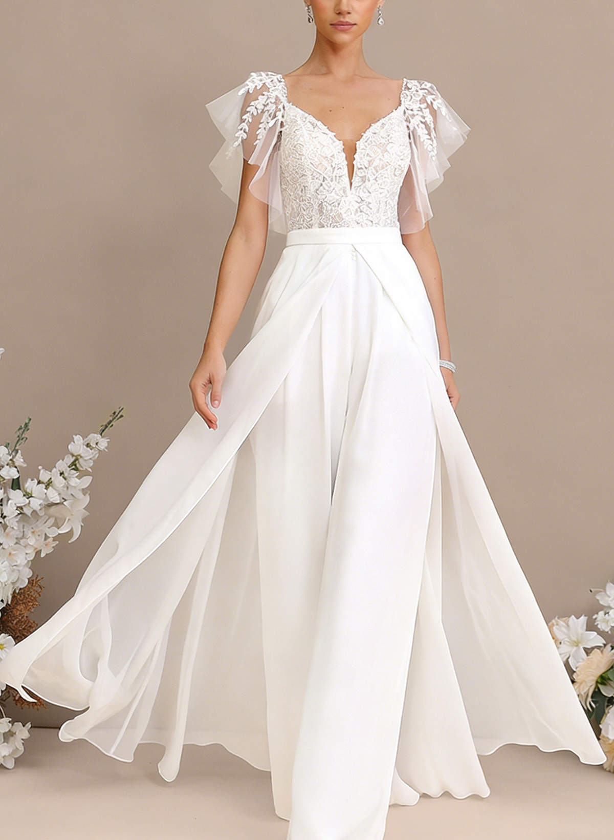 Jumpsuit/Pantsuit Plunge Neck Cape Sleeves Detachable Chiffon Train/Lace Wedding Dress