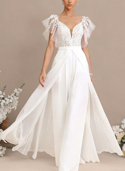 Jumpsuit/Pantsuit Plunge Neck Cape Sleeves Detachable Chiffon Train/Lace Wedding Dress