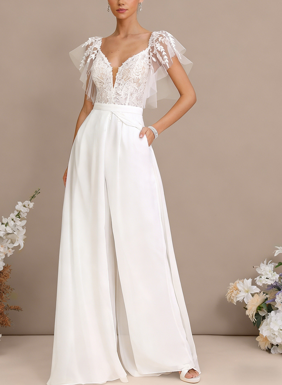 Jumpsuit/Pantsuit Plunge Neck Cape Sleeves Detachable Chiffon Train/Lace Wedding Dress