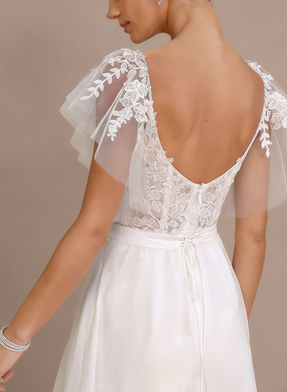 Jumpsuit/Pantsuit Plunge Neck Cape Sleeves Detachable Chiffon Train/Lace Wedding Dress