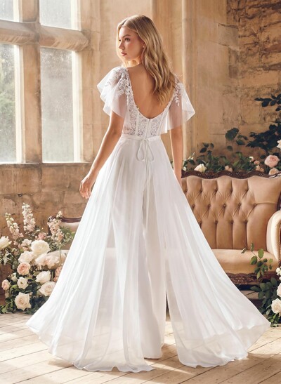 Jumpsuit/Pantsuit Plunge Neck Cape Sleeves Detachable Chiffon Train/Lace Wedding Dress