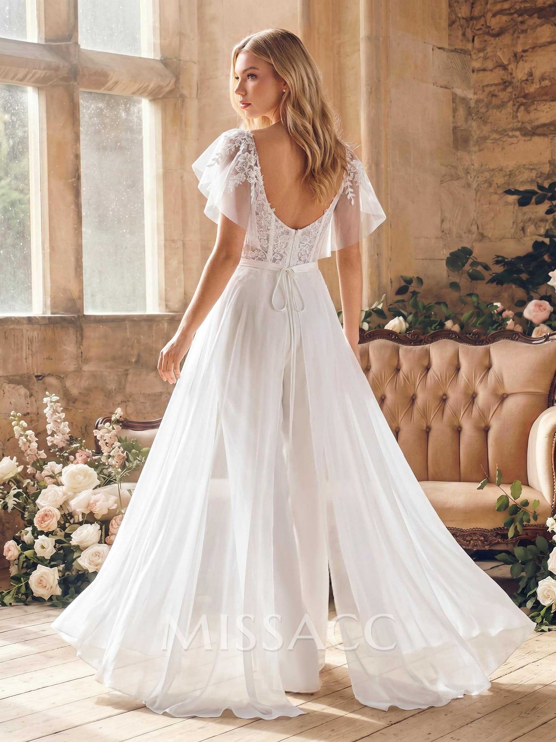 Jumpsuit/Pantsuit Plunge Neck Cape Sleeves Detachable Chiffon Train/Lace Wedding Dress