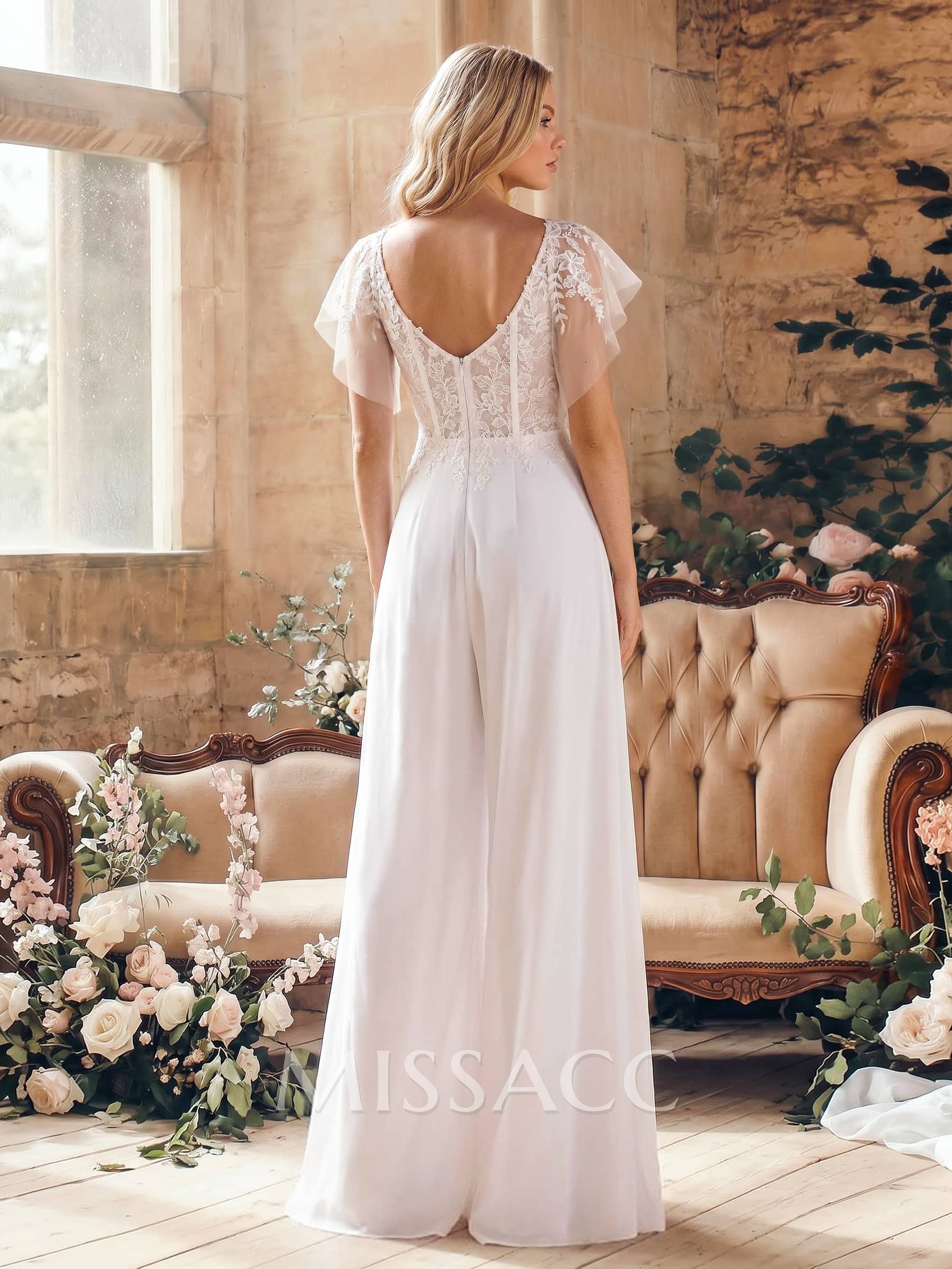 Jumpsuit/Pantsuit Plunge Neck Cape Sleeves Detachable Chiffon Train/Lace Wedding Dress