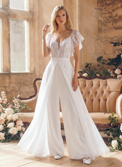 Jumpsuit/Pantsuit Plunge Neck Cape Sleeves Detachable Chiffon Train/Lace Wedding Dress