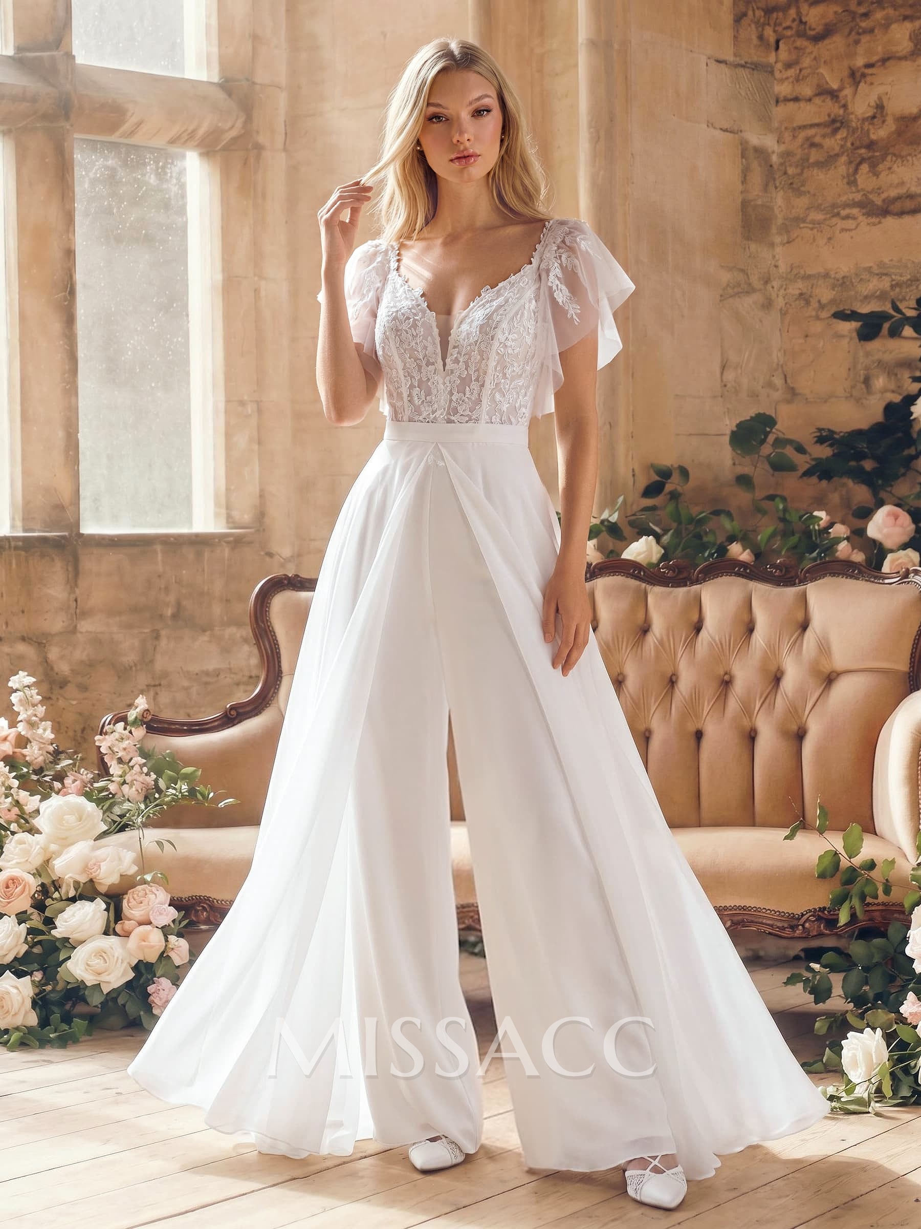 Jumpsuit/Pantsuit Plunge Neck Cape Sleeves Detachable Chiffon Train/Lace Wedding Dress