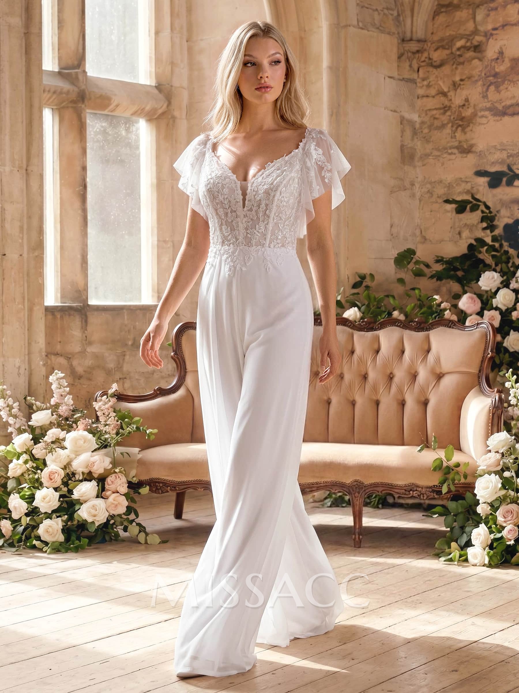 Jumpsuit/Pantsuit Plunge Neck Cape Sleeves Detachable Chiffon Train/Lace Wedding Dress