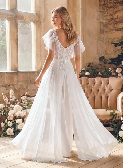 Jumpsuit/Pantsuit Plunge Neck Cape Sleeves Detachable Chiffon Train/Lace Wedding Dress