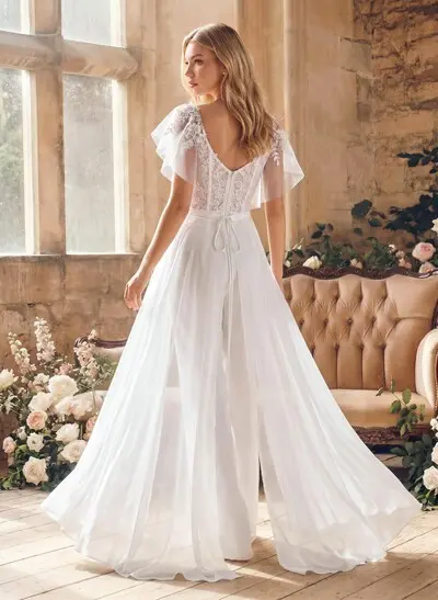 Jumpsuit/Pantsuit Plunge Neck Cape Sleeves Detachable Chiffon Train/Lace Wedding Dress