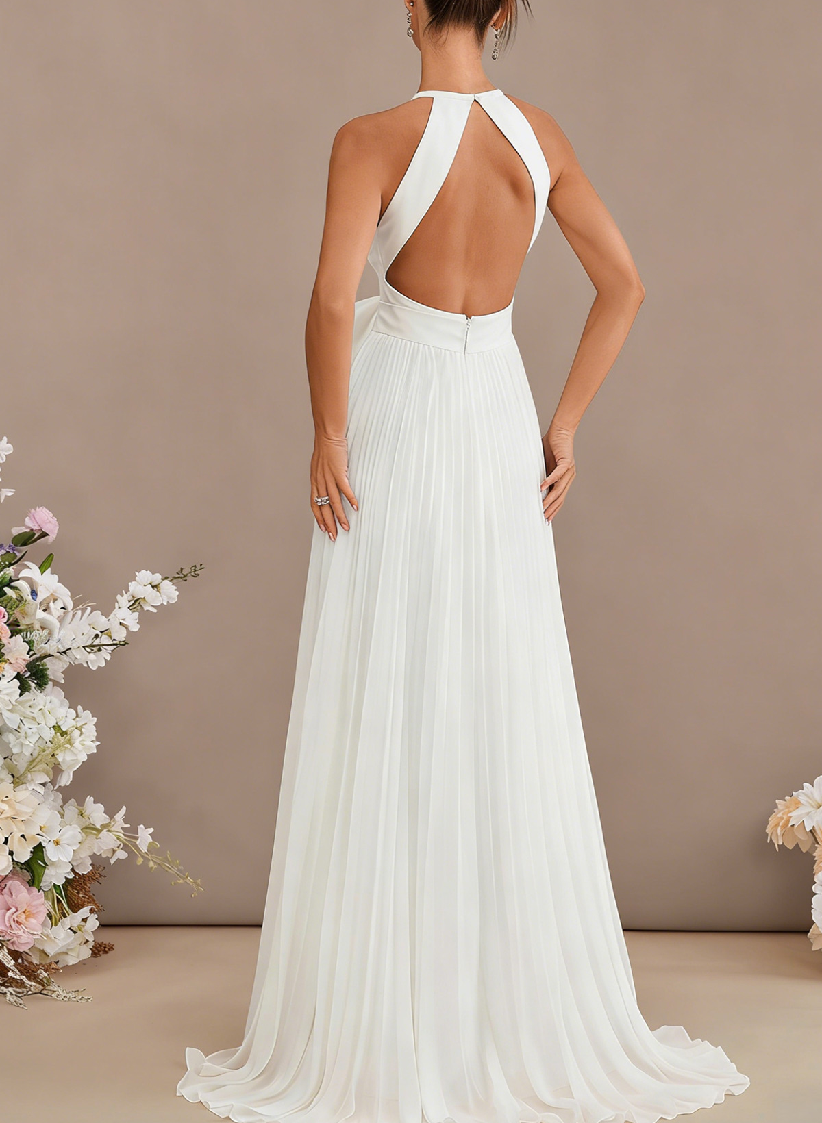 A-Line Cowl Neck Sleeveless Sweep Train Chiffon With Bow(s)/Pockets Wedding Dress